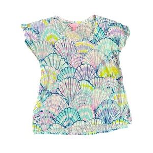 Lilly Pulitzer Inara Top 100% Linen Serene Blue Oh Shello Size XS Seashells